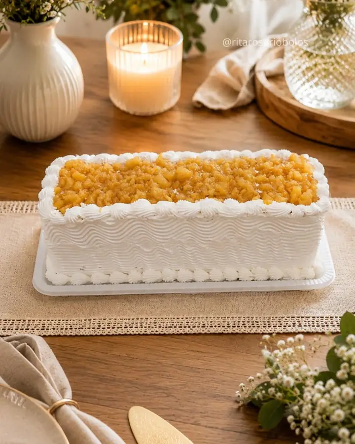 Bolo retangular de chantilly com borda ondulada e compota de abacaxi por cima, ao lado de uma vela acesa