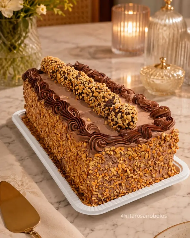 Bolo retangular coberto de crocante de amendoim, com bombons Ferrero Rocher e arabescos de chantilly de chocolate