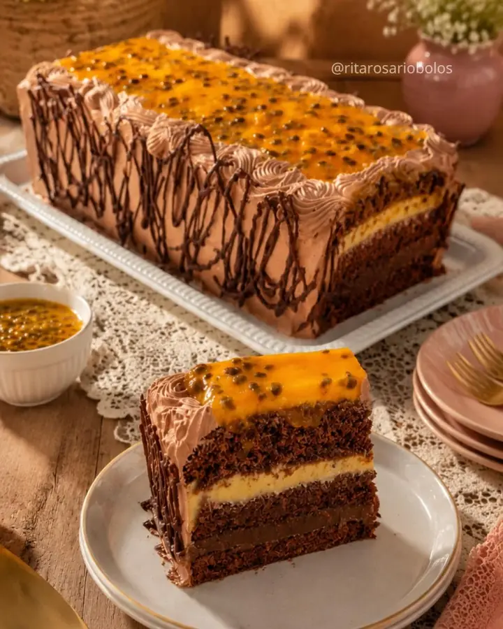 Torta de chocolate com geleia de maracujá por cima e uma fatia no prato mostrando as camadas de massa escura e recheio