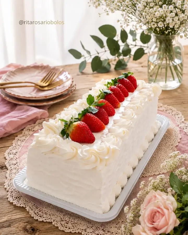 Bolo retangular de chantilly com uma fileira de morangos frescos por cima, sobre toalhinha de renda