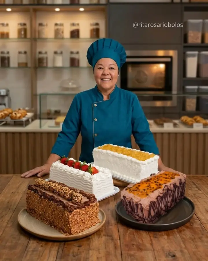 Rita de dólmã e chapéu de confeiteira azul-petróleo, sorrindo atrás de quatro bolos: crocante, morango, abacaxi e maracujá