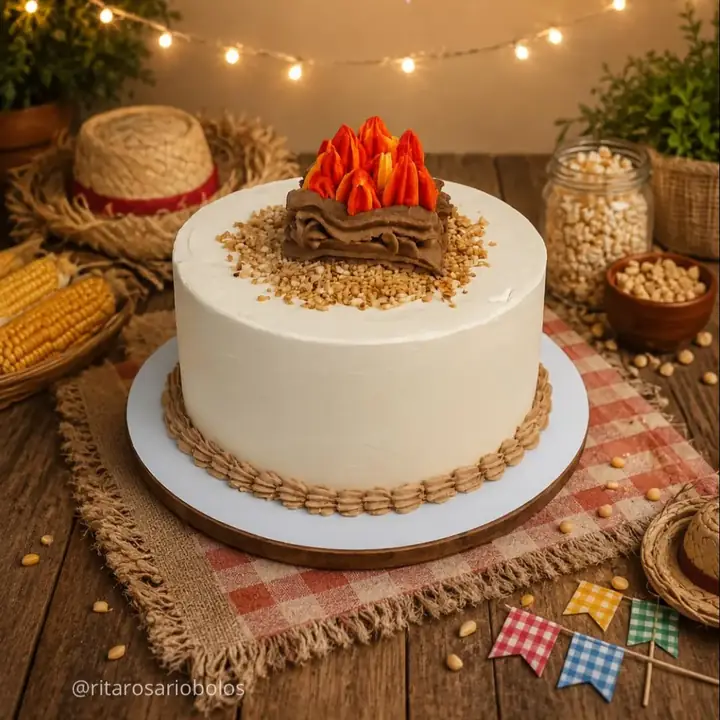 Bolo branco com fogueira de chantilly e amendoim por cima, numa mesa de festa junina com chapéu de palha, milho e bandeirinhas